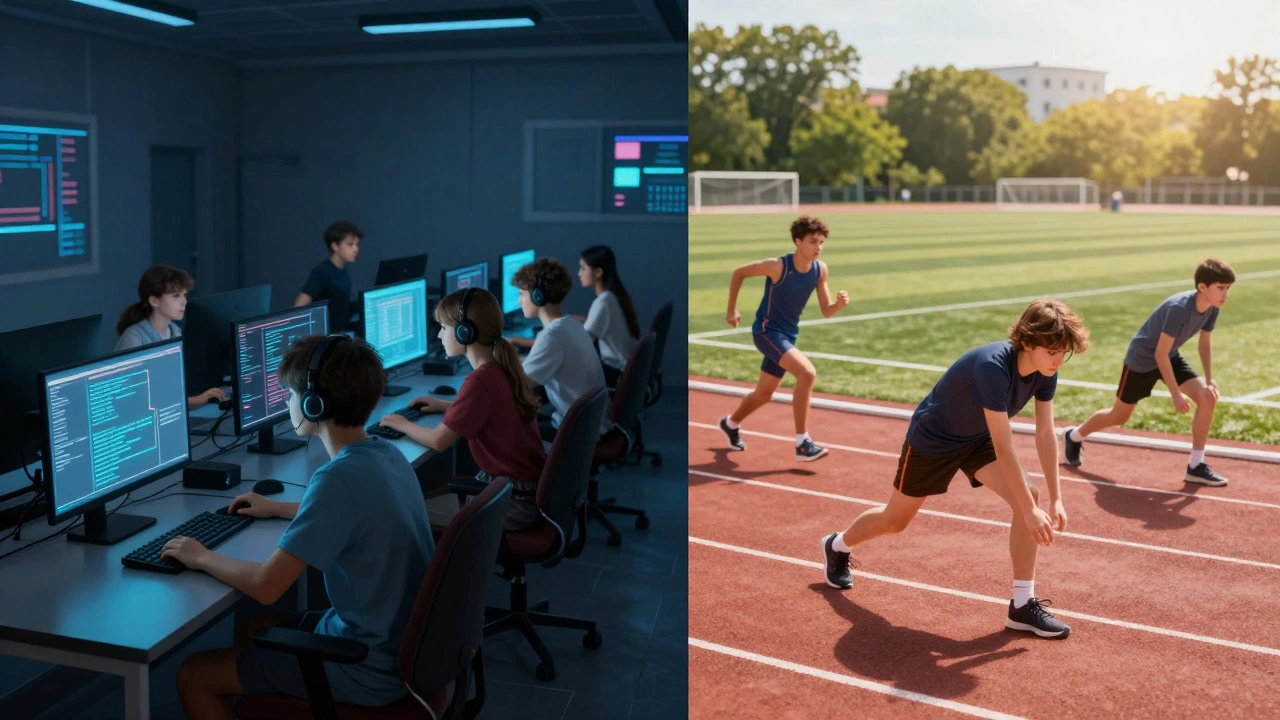 Contrast between students gaming in a lab and athletes training on a track.