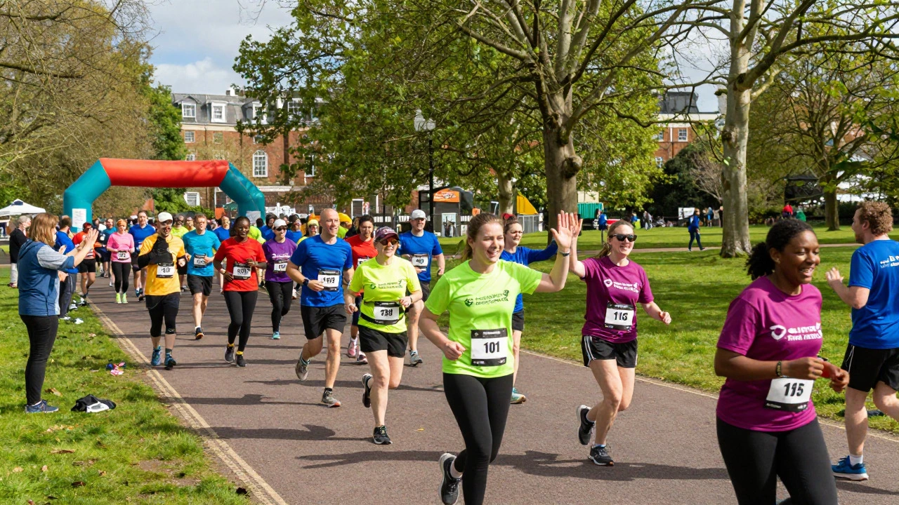 Crowd of people running in a colorful charity fun run in a sunny park