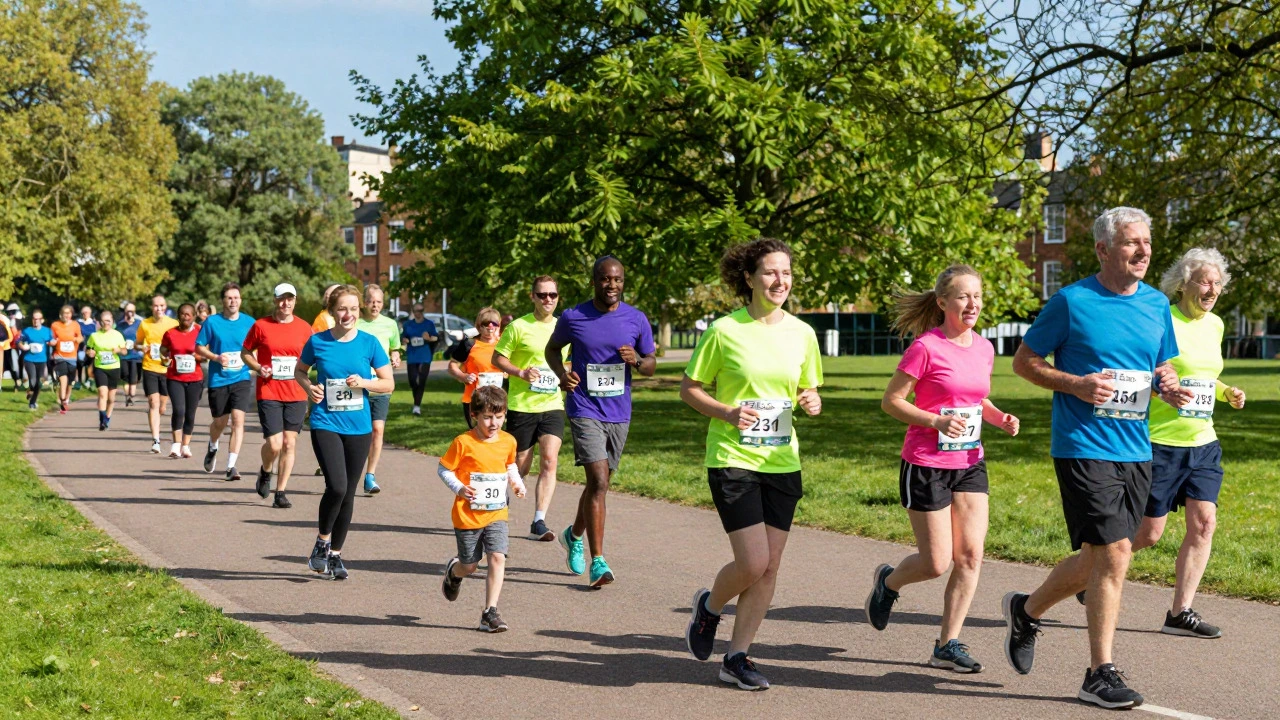 Diverse group of people participating in a community fun run in a park