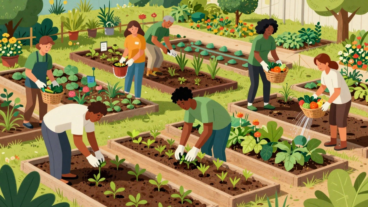 Diverse group of volunteers working together in a community garden
