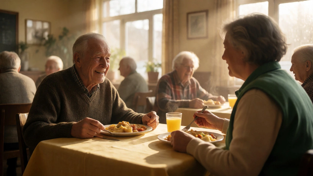 Elderly man eating with volunteer in community center