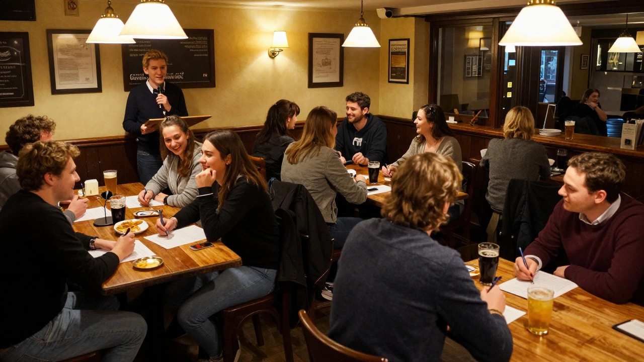 Friends playing trivia at a cozy pub charity quiz night event