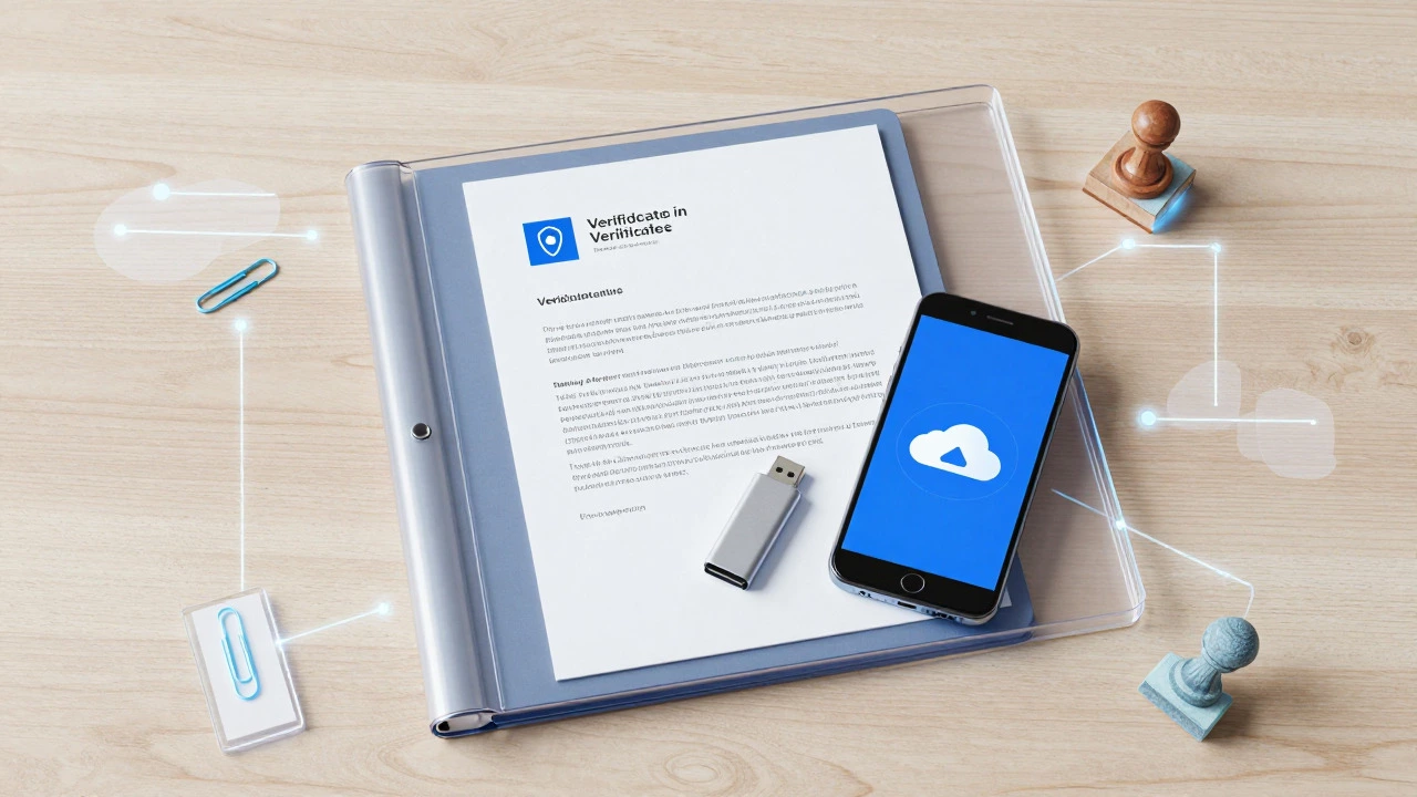 Glass folder containing volunteer documents and a phone showing cloud storage