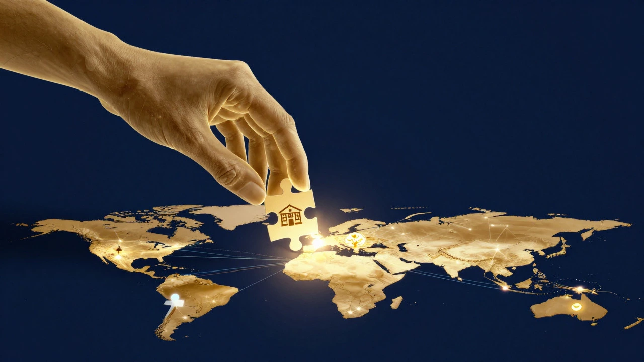 Golden hands placing puzzle pieces onto a glowing societal map representing strategic giving.