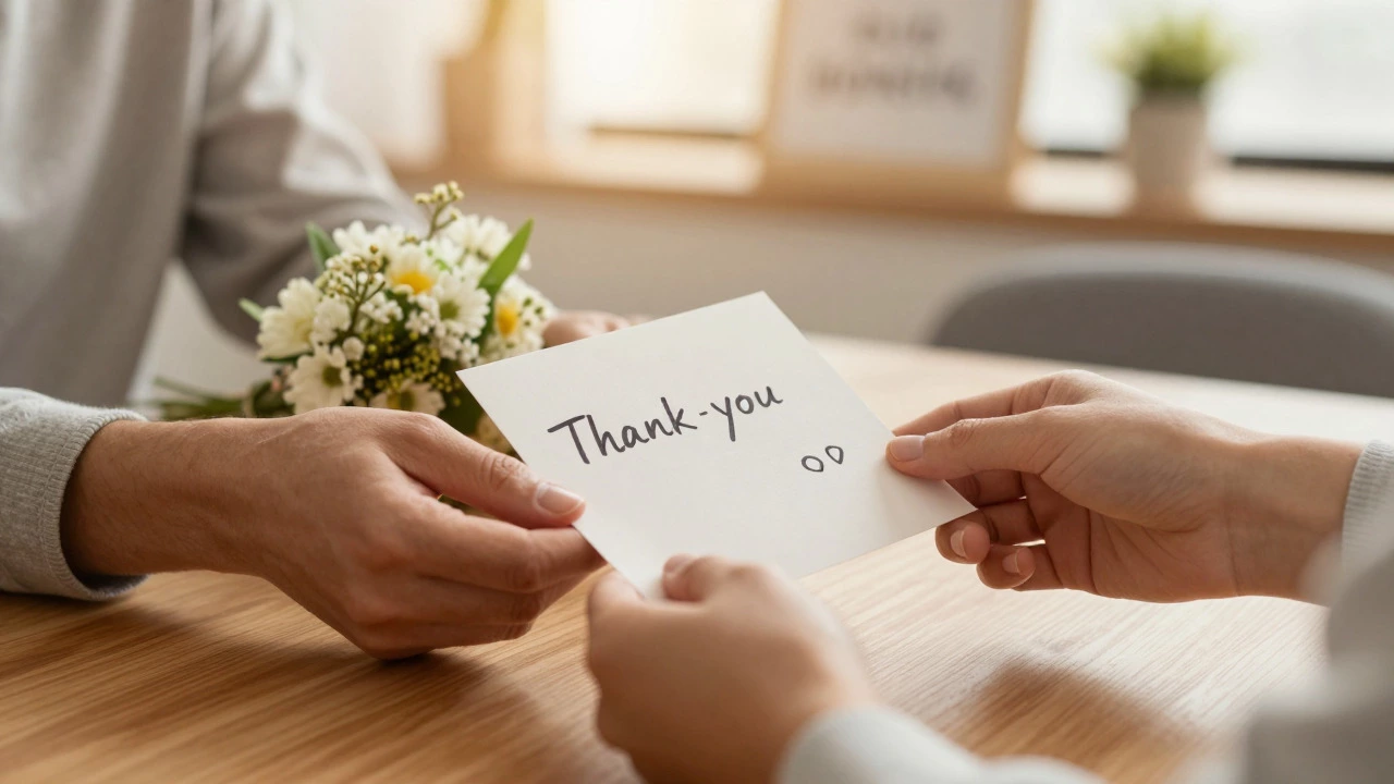 Hands exchanging a handwritten thank-you card and flowers on a table