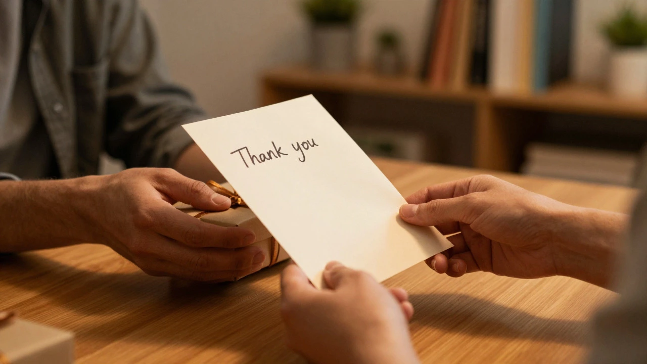 Hands exchanging a handwritten thank you note