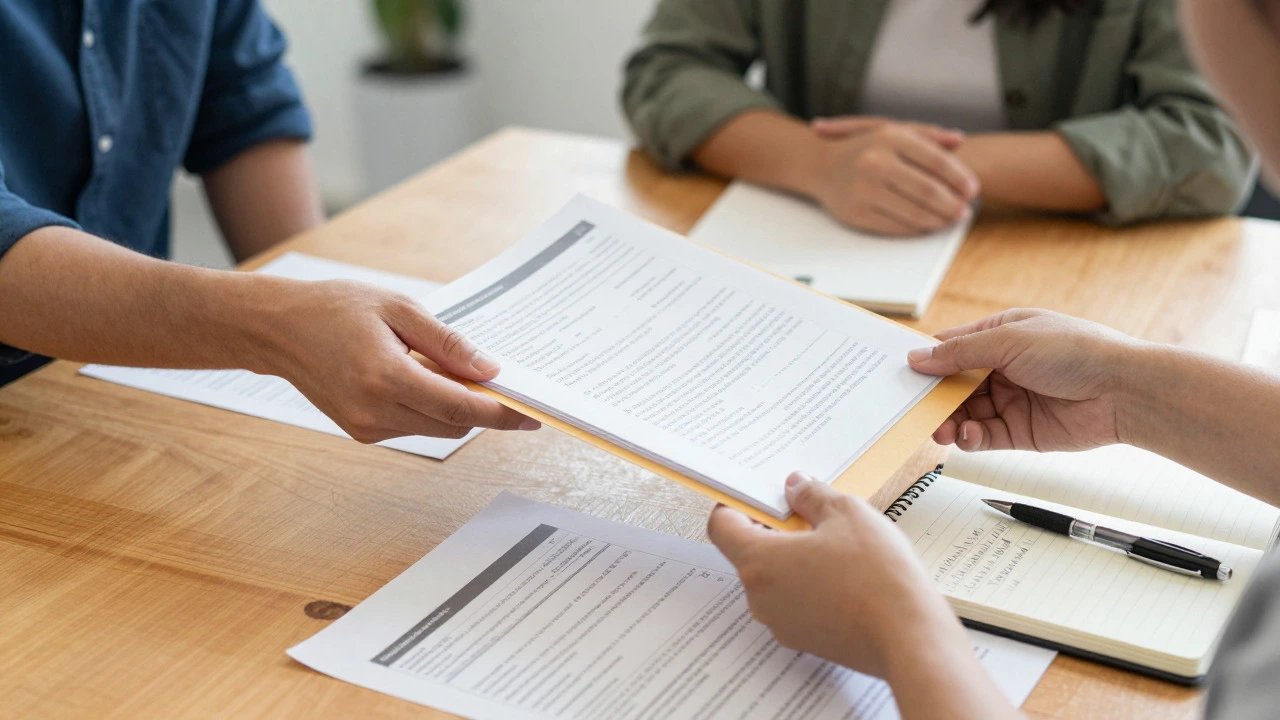Hands exchanging folders and notes on a table during a support group meeting.