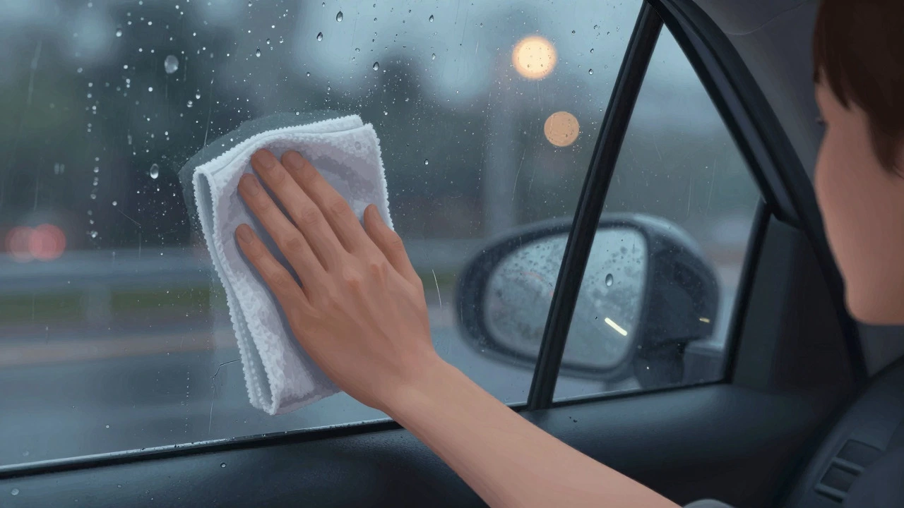 Hands wiping car window and adjusting vent during rain