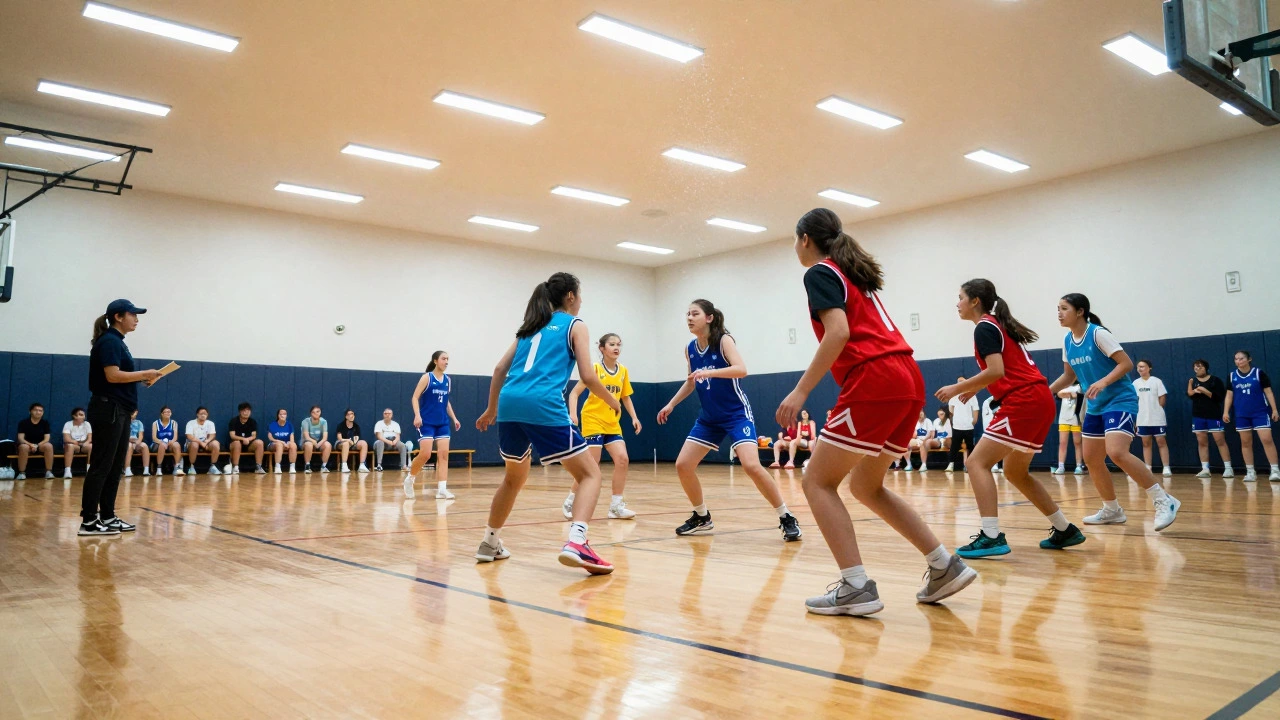 High school girls playing an intense basketball game in a gymnasium.
