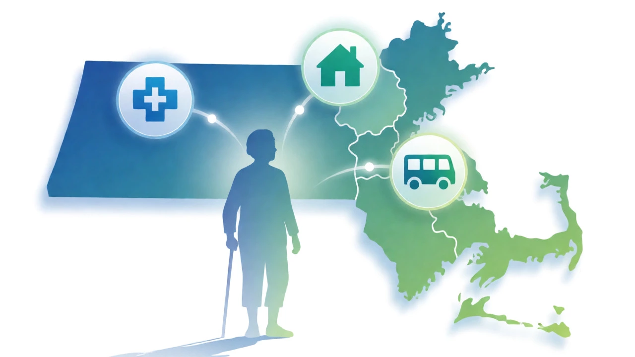 Map of Massachusetts with senior benefit icons