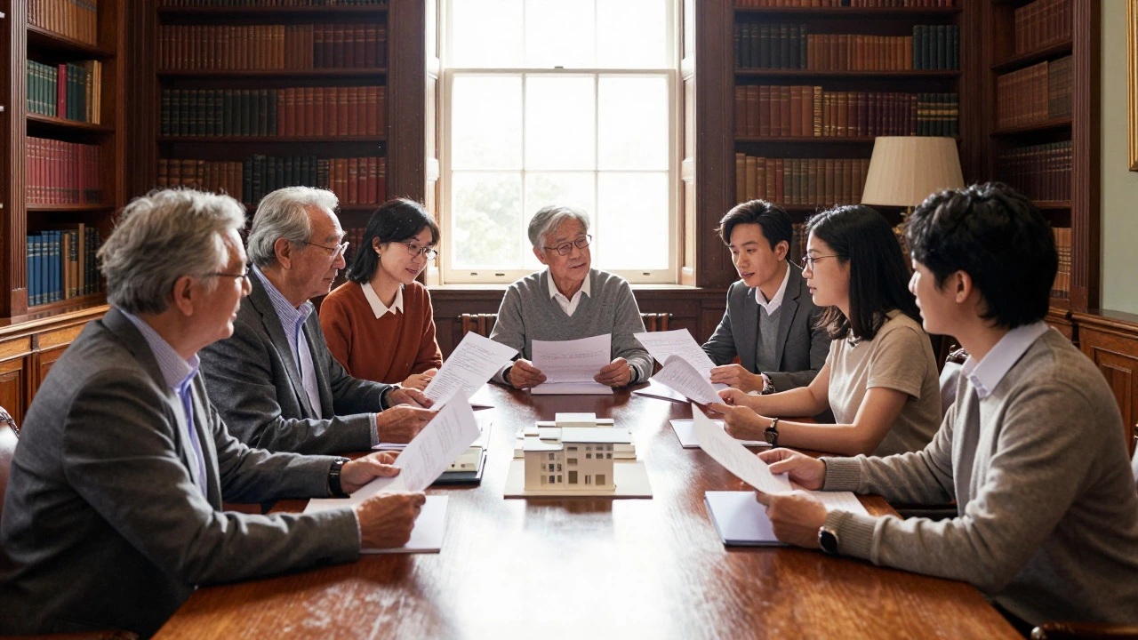 Multi-generational family discussing projects around a table in a classic library setting.