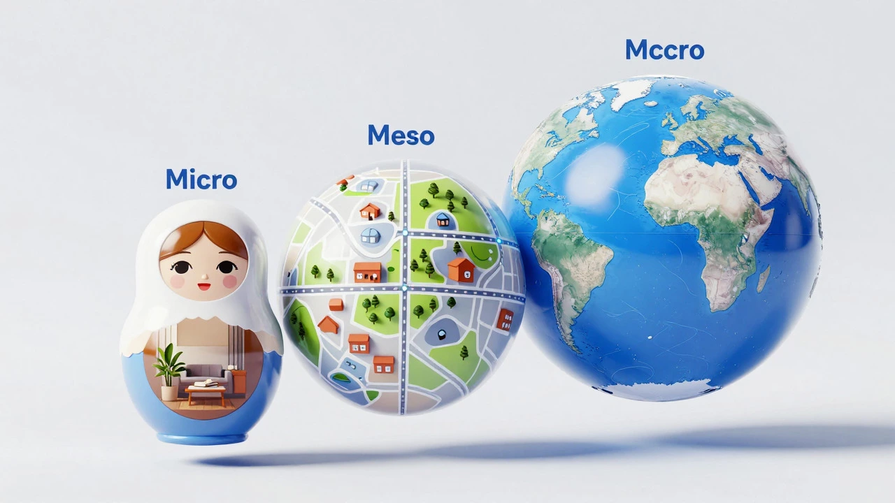 Nested spheres showing micro, meso, and macro environments