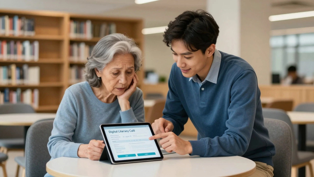 Older woman learning digital skills with a volunteer at a library café