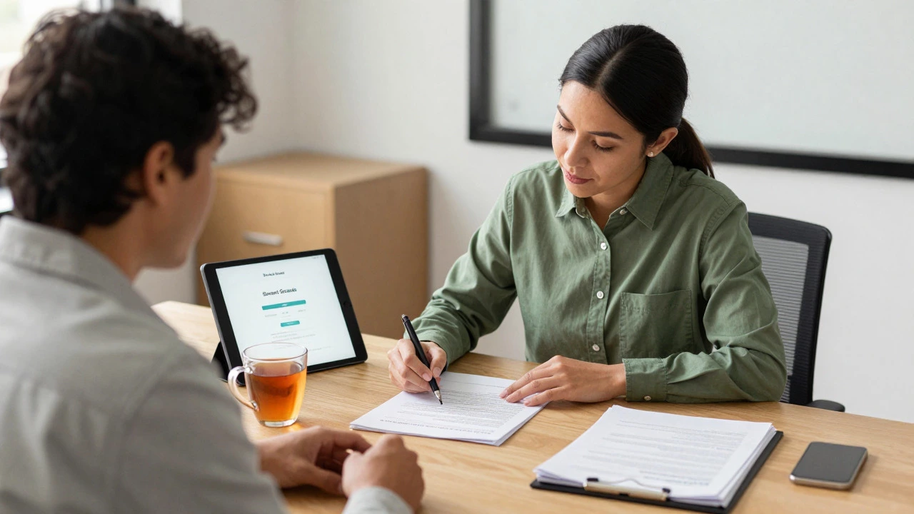Social worker and client discussing documents in a warm, hopeful shelter office.