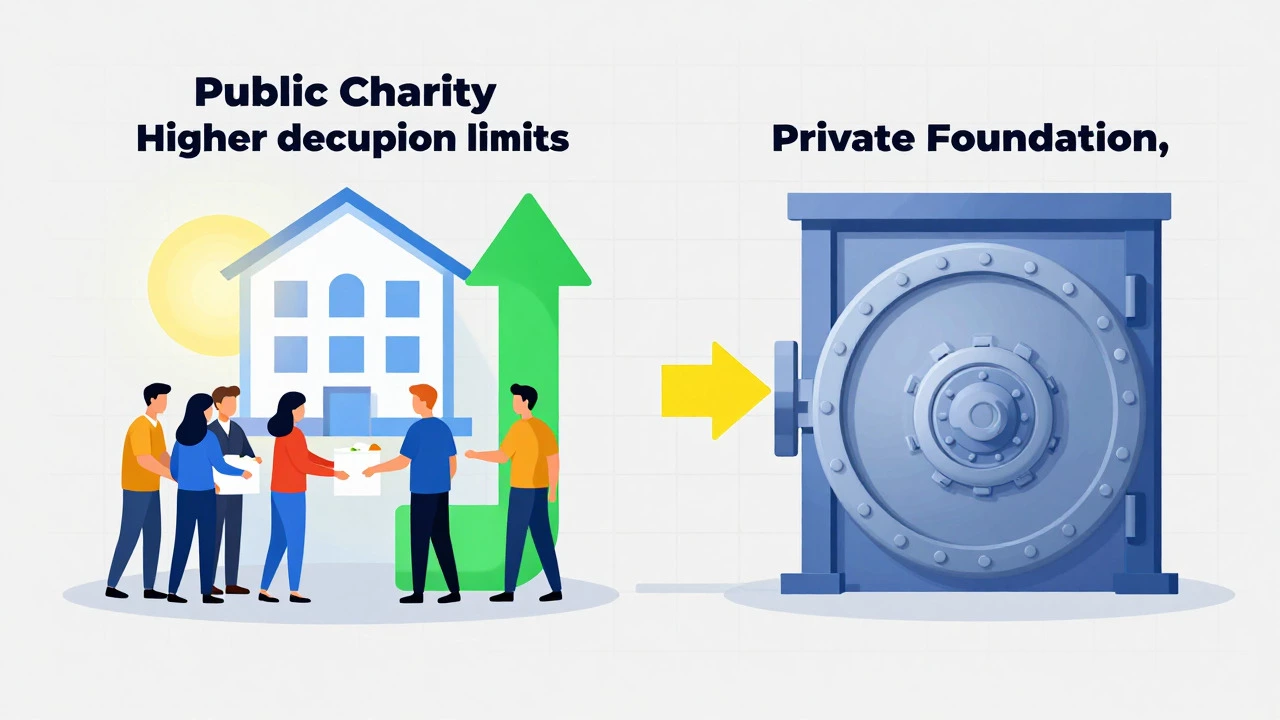 Split illustration comparing public charity benefits vs private foundation restrictions