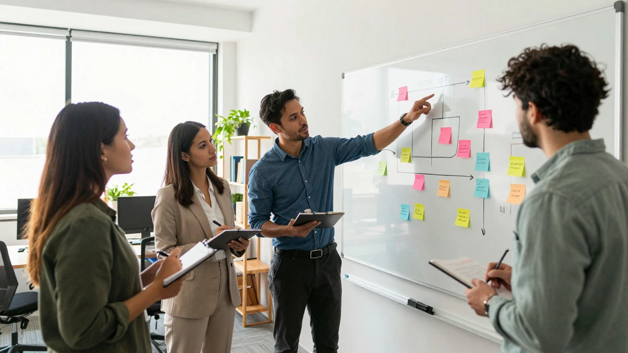 Team of professionals discussing project plans on a whiteboard in an office