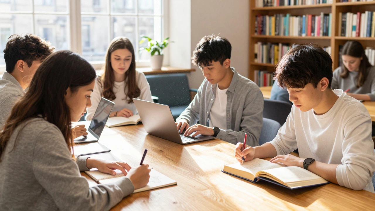 Teenagers studying together in a sunny, cozy library space