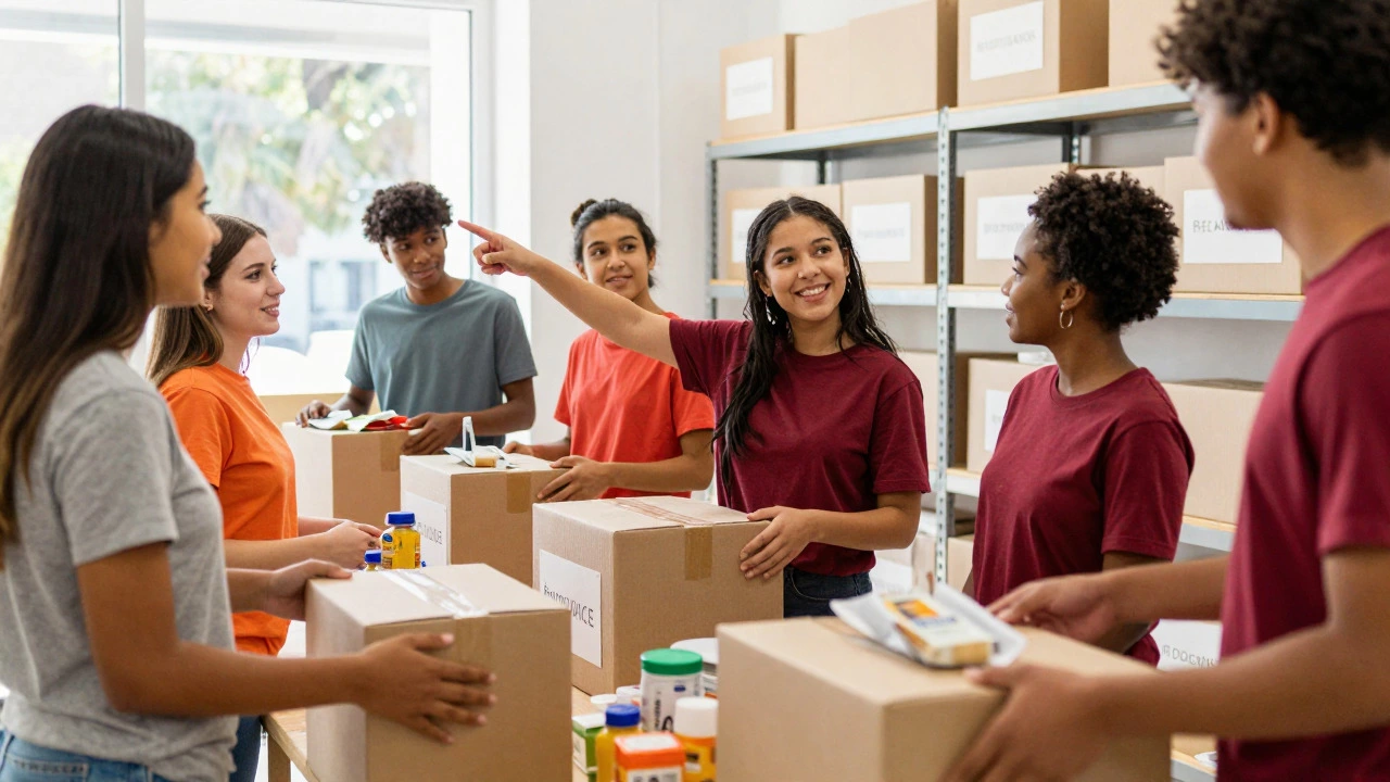 Teenagers working together sorting donations at a community food bank