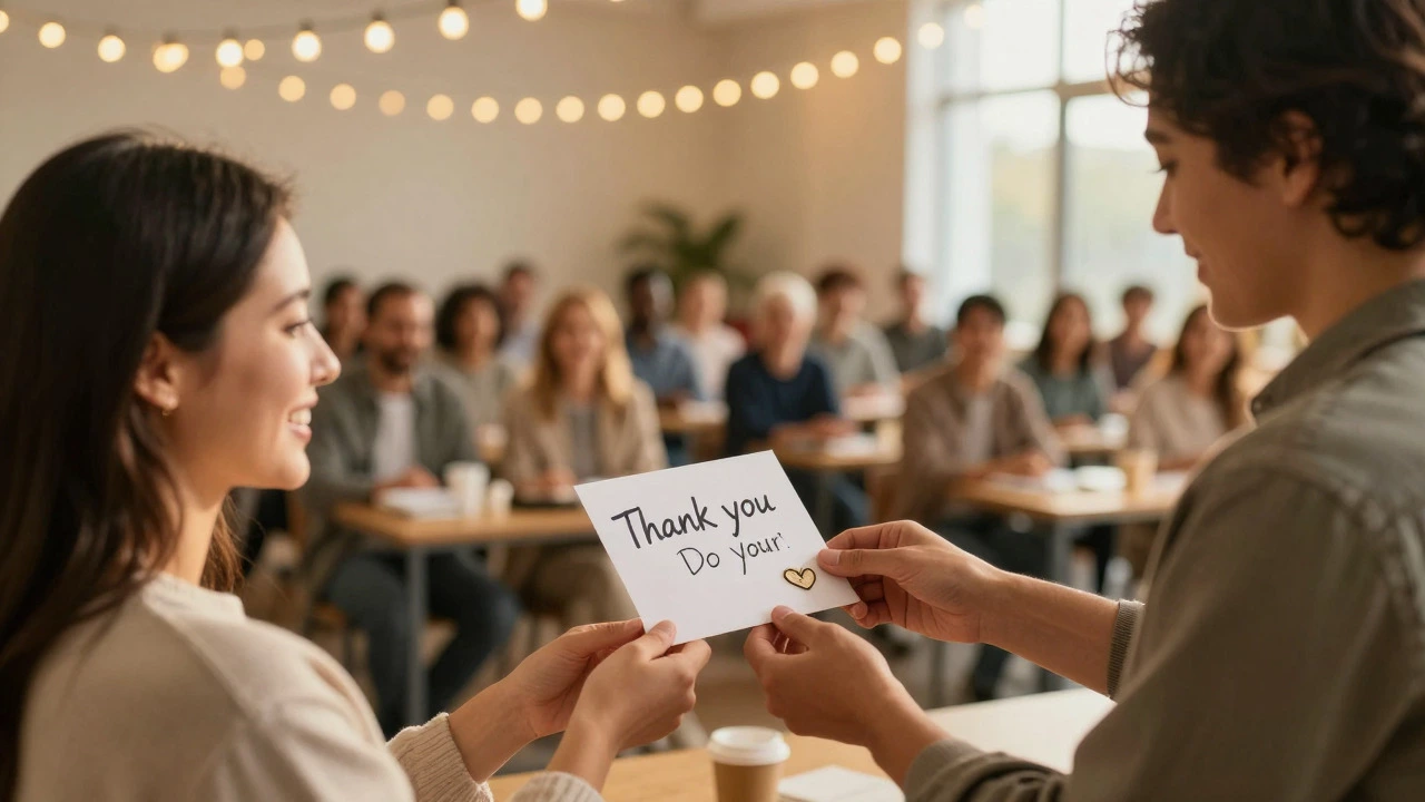 Volunteer giving a thank you card to a happy donor