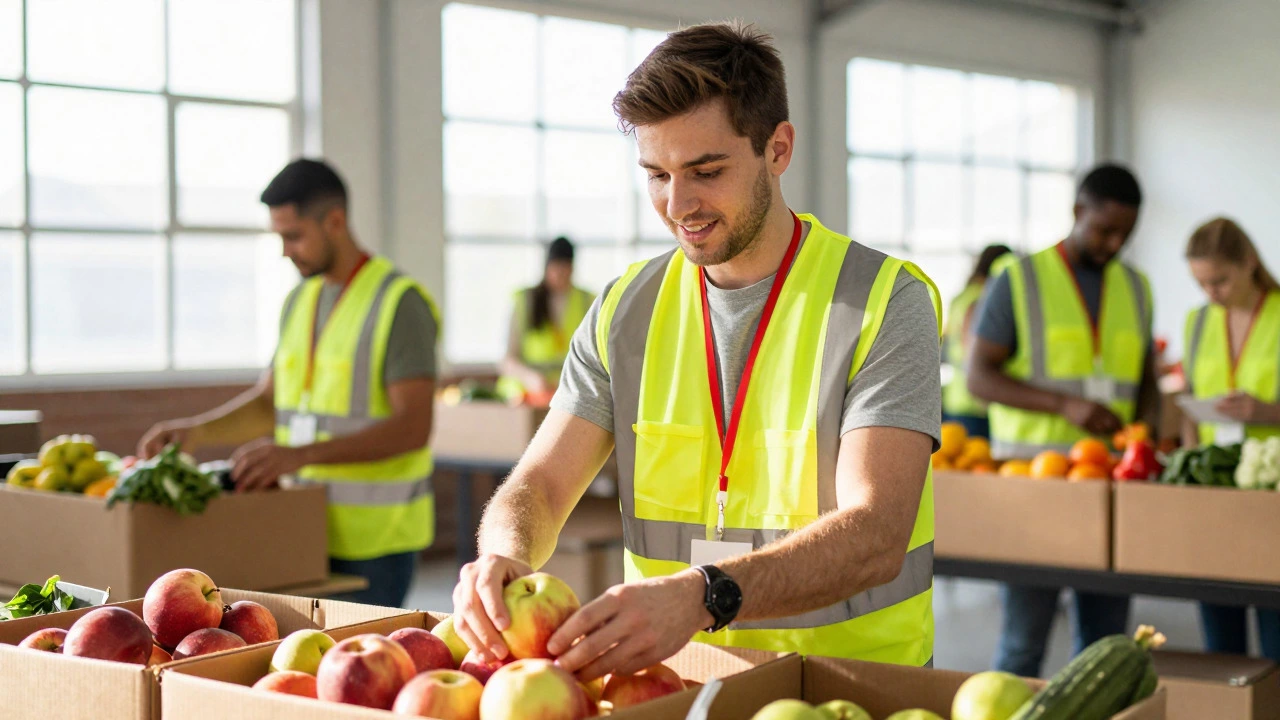 Volunteer in a red lanyard sorting fresh produce in a food bank warehouse