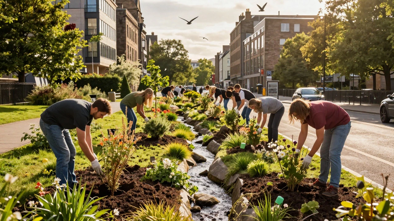 Volunteers planting wildflowers in an urban green corridor for rewilding