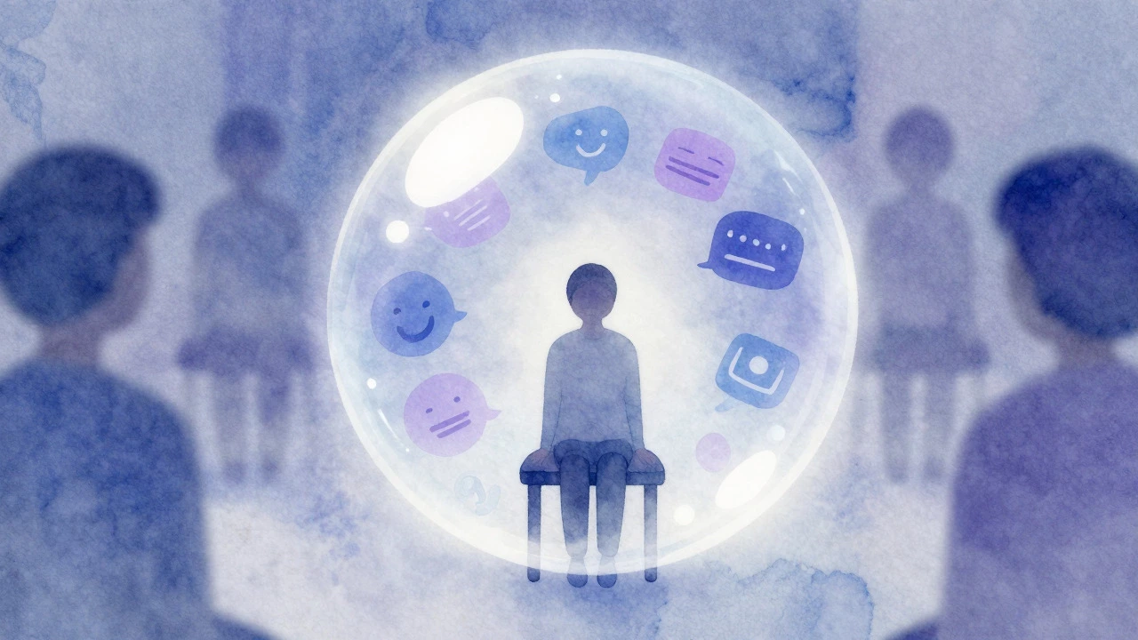 Watercolor art of a person protected by a glowing bubble, symbolizing group confidentiality