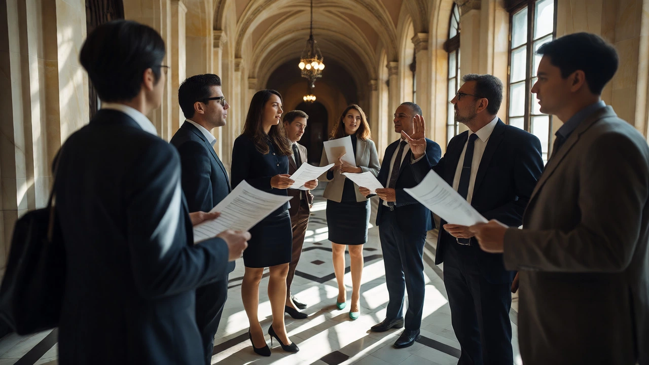 Advocates discussing policy in a government building corridor