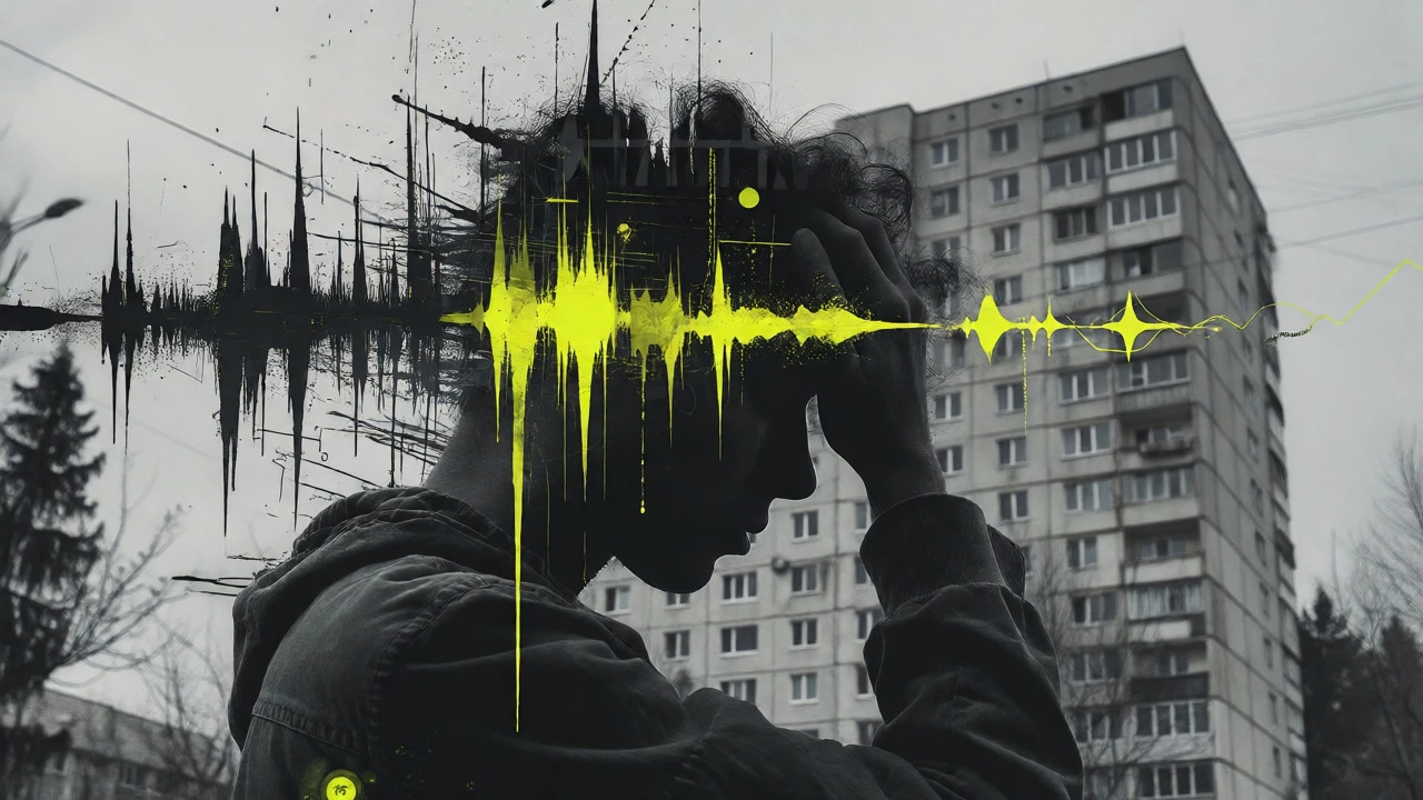 Artistic double exposure of a stressed person merged with chaotic urban noise and concrete buildings.