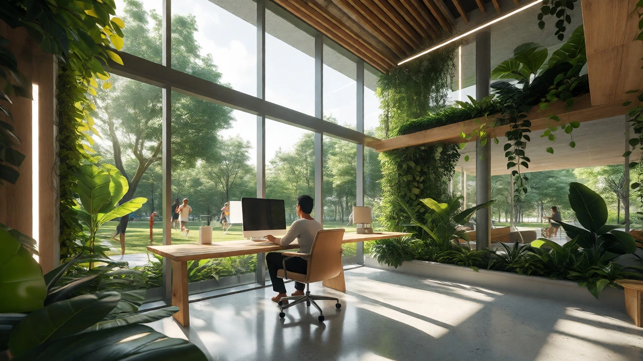 Calm workspace with large windows and plants
