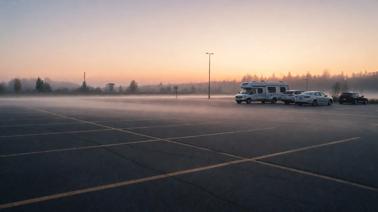 Camper vans parked quietly in the back of a misty parking lot at dawn, ready to depart before crowds arrive.