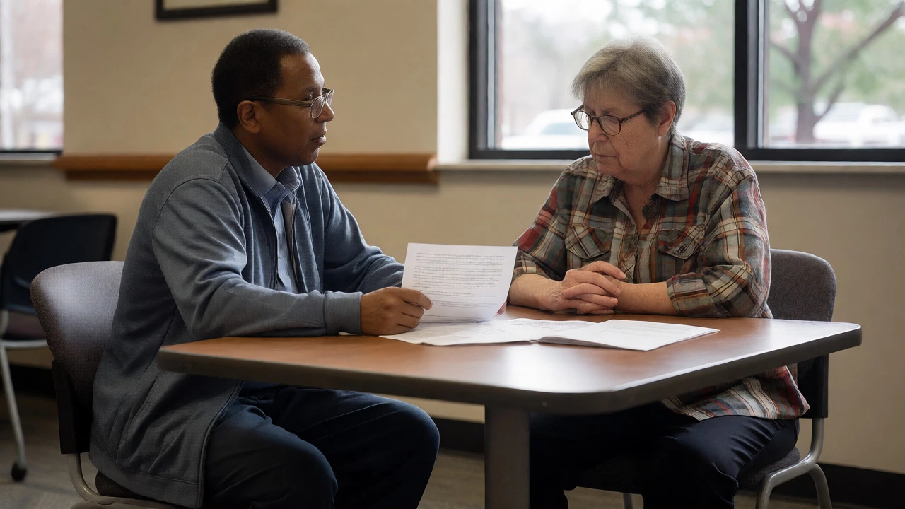 Case manager assisting a client with paperwork during a housing assessment meeting.