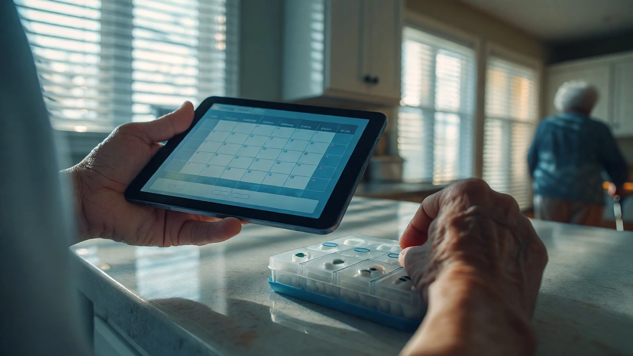 Close-up of a caregiver managing schedules and medication at home.
