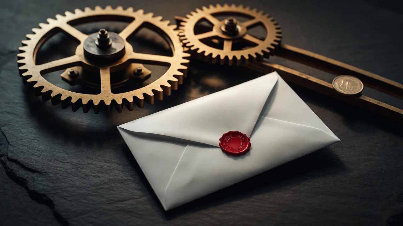Close-up of a sealed envelope and brass gears representing simple gifts versus complex trust structures.