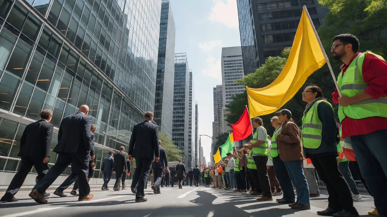 Corporate lobbyists facing off against environmental activists in a city setting