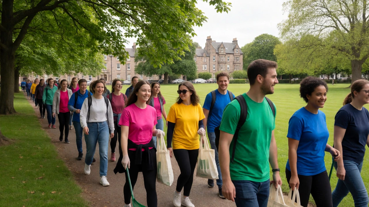 Diverse group participating in a sunny community fundraising walk in a local park