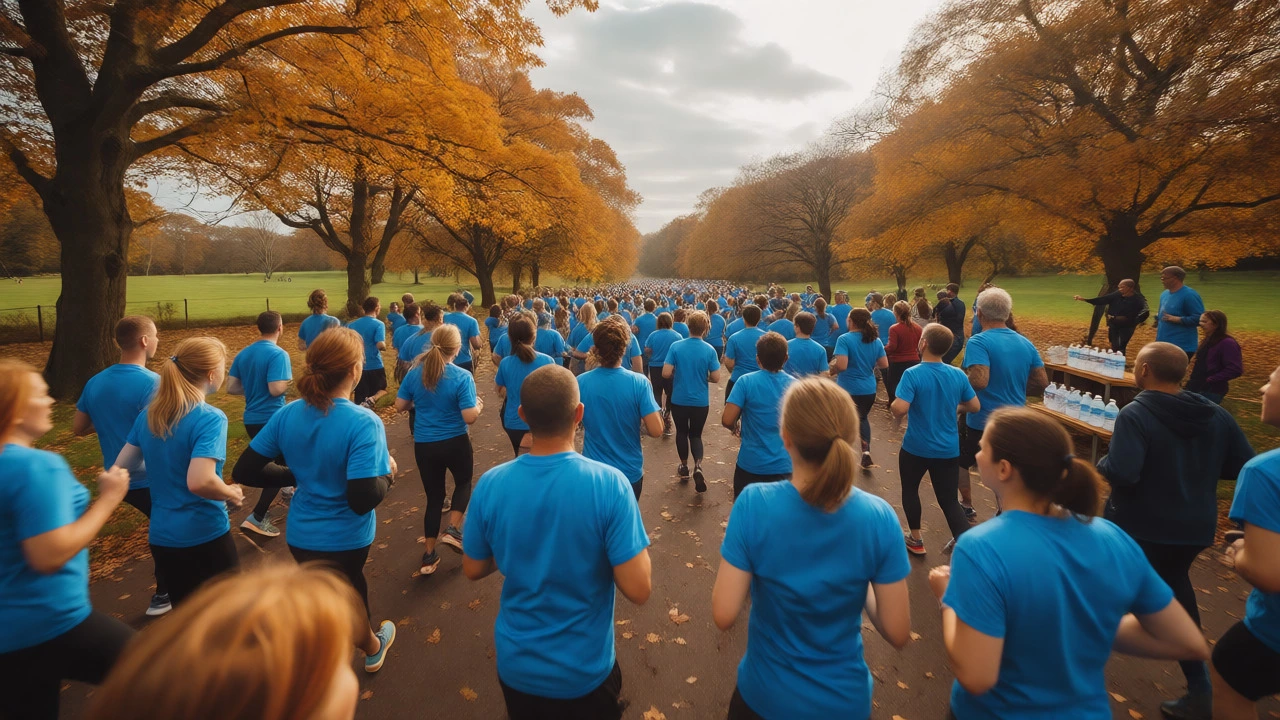 Diverse runners participating in a community charity fun run through an autumn park.