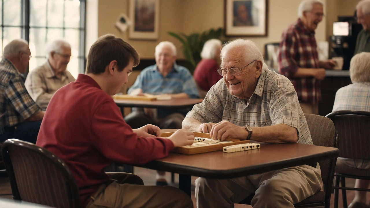 Elderly man and teenager playing dominoes together in a social club