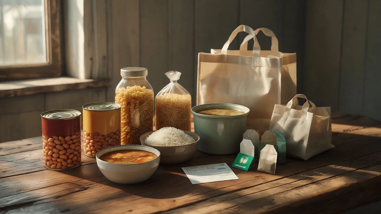 Essential food items and a voucher arranged on a wooden table
