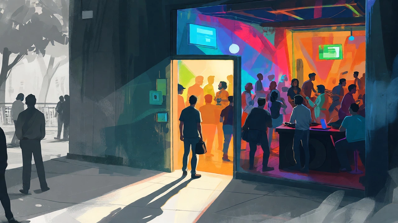 Figure entering a bright, lively social club from a grey, lonely street