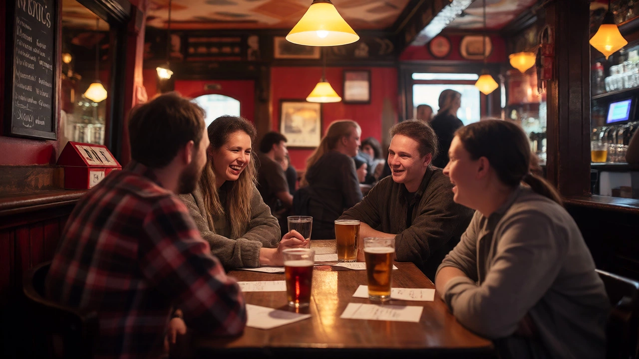 Friends enjoying a social trivia night at a cozy local pub for charity fundraising.