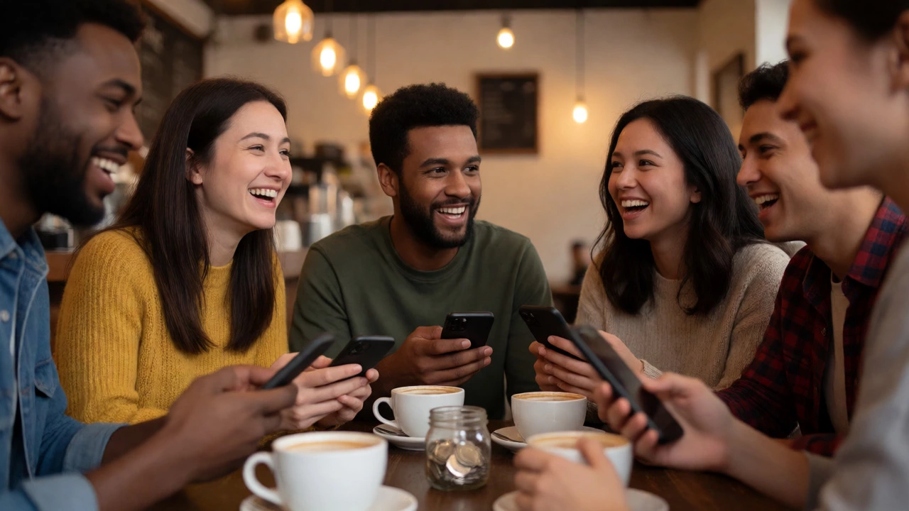 Friends in a cafe using phones during a casual community fundraising event.