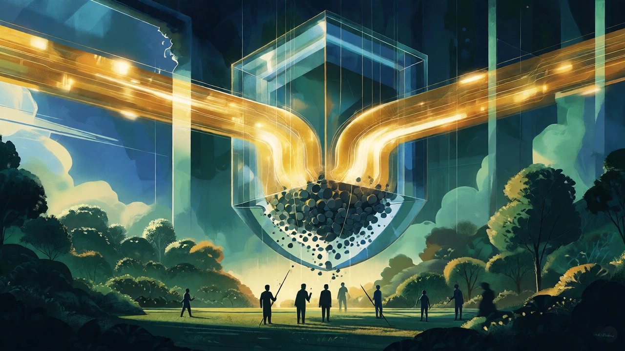 Golden light flowing through a crystal structure filtering out taxes into a garden.