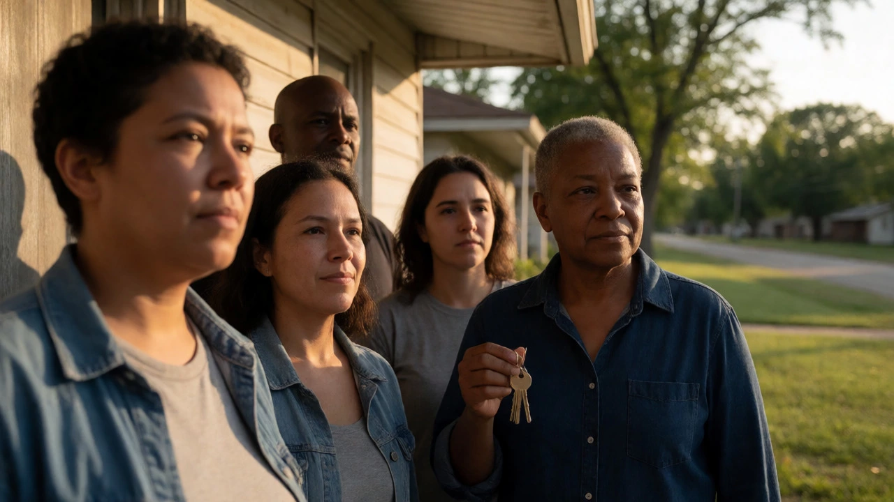 Group of people holding keys outside an apartment building in rural Arkansas at sunset.