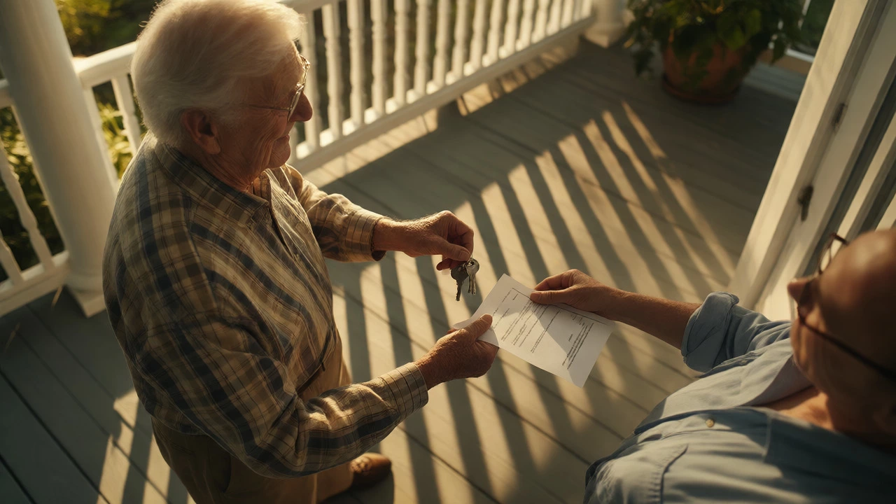 Hands exchanging keys and documents on the porch of a traditional Massachusetts home.