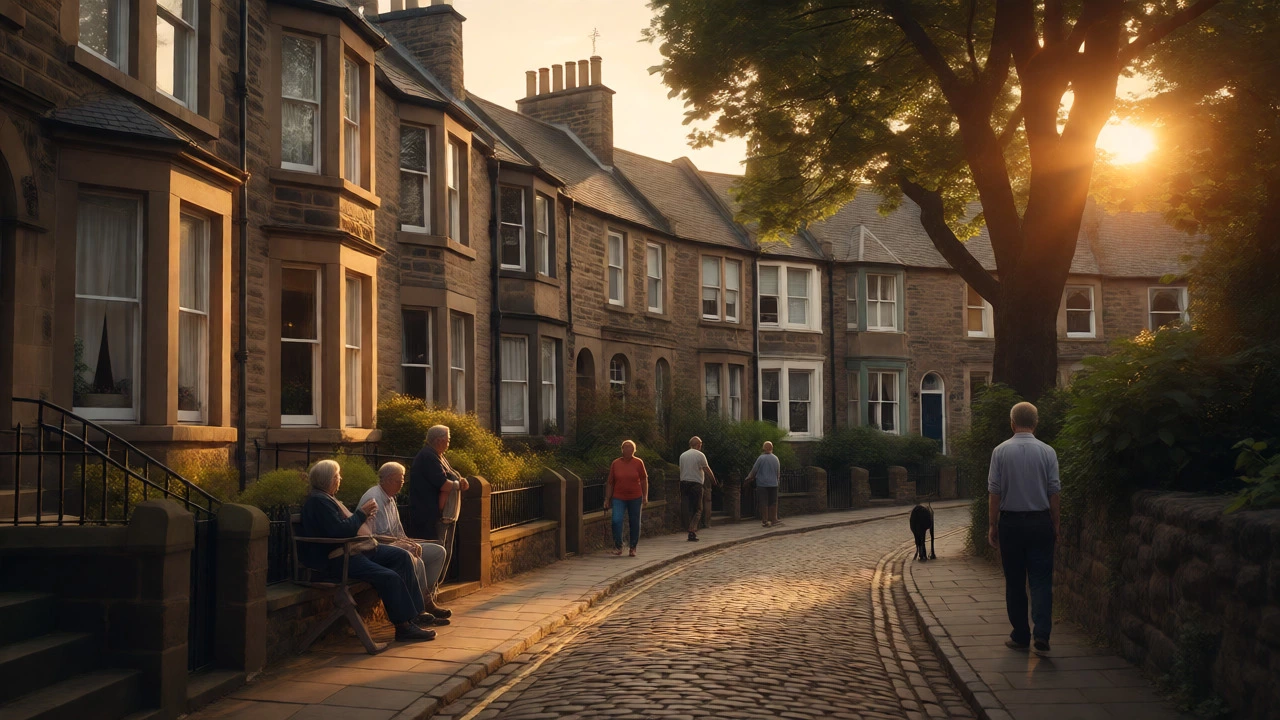 Neighbors chatting in a sunny cobblestone street