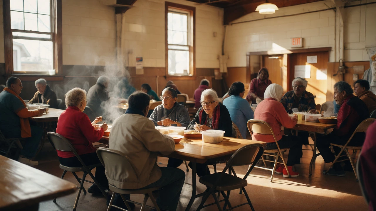 Neighbors sharing meals and conversation during a community kitchen gathering in a hall.