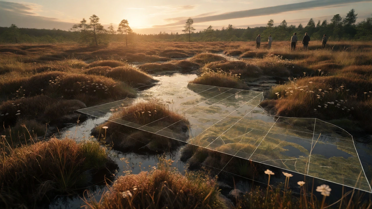 Protected wetland landscape with peat bogs and volunteers at golden hour.