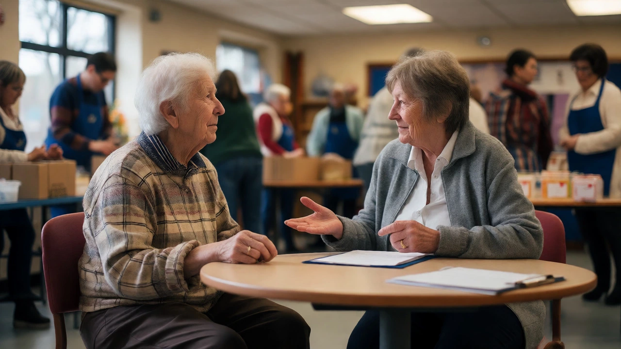 Respectful conversation between a donor and fundraiser in a community center.