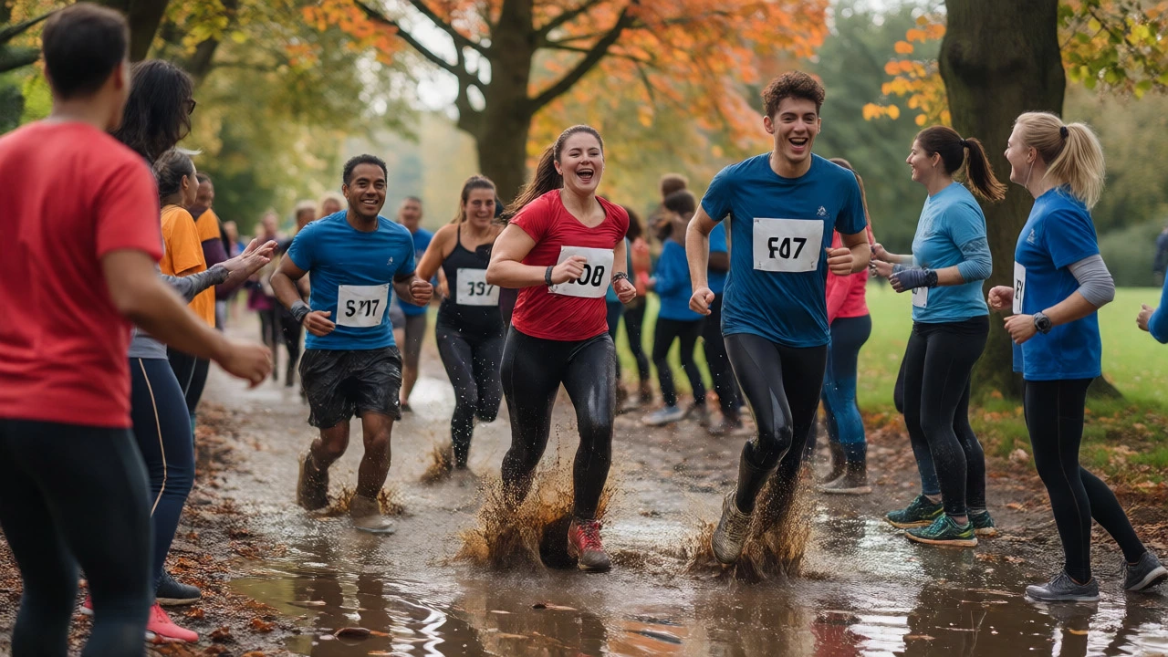 Runners participating in a muddy community charity run