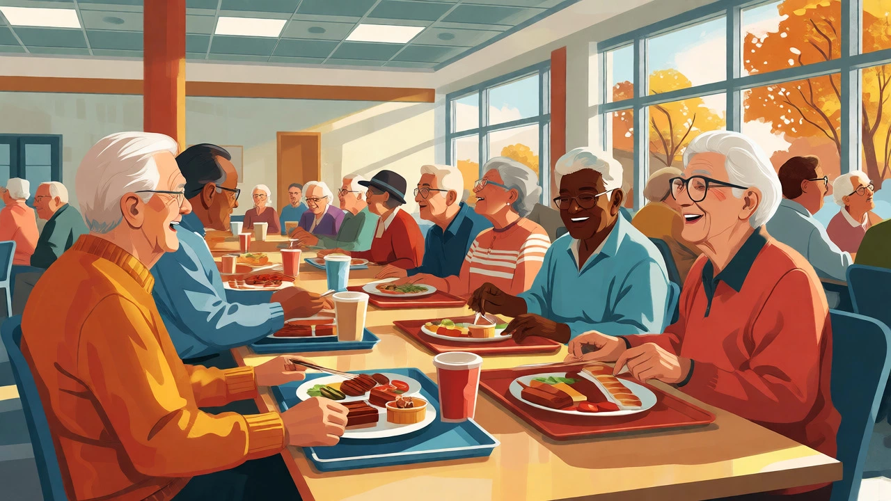 Seniors enjoying a communal lunch and socializing at a bright community center meal site.
